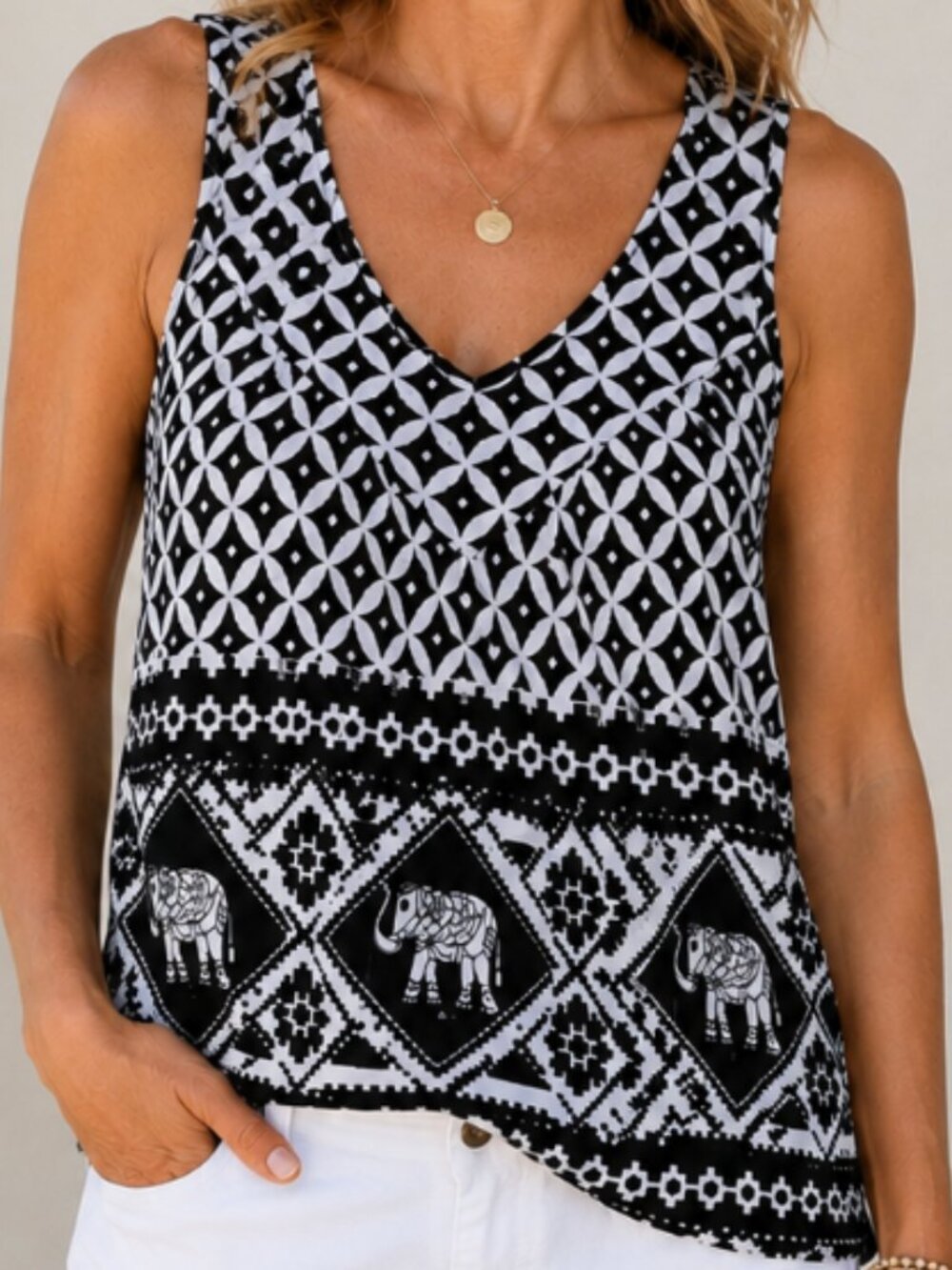 Unbranded Women’s Sleeveless Swing Tank Top black white elephant cotton gauze OS